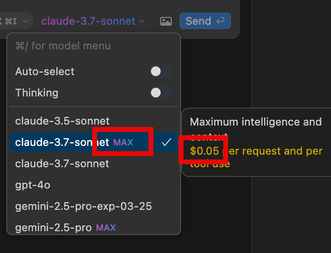 cursor max mode with pay as you go pricing screenshot